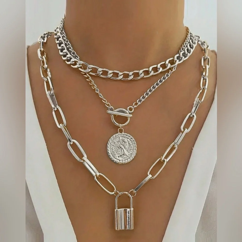 Silver Layered Chain Necklace Lock 3 piece Set - Picture 2 of 4